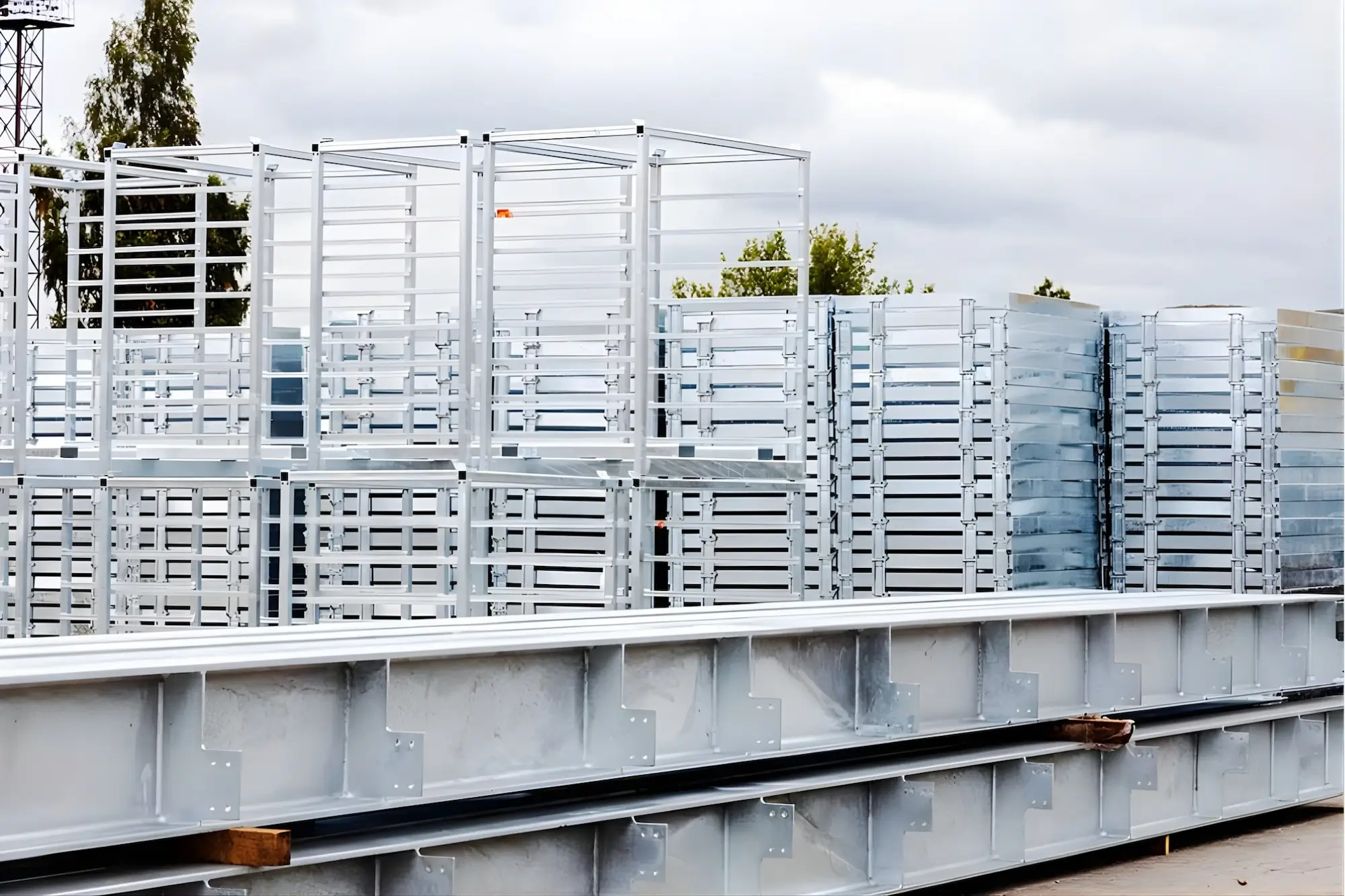 Passivated and shiny galvanized structures in outdoor storage, protected against oxidation.