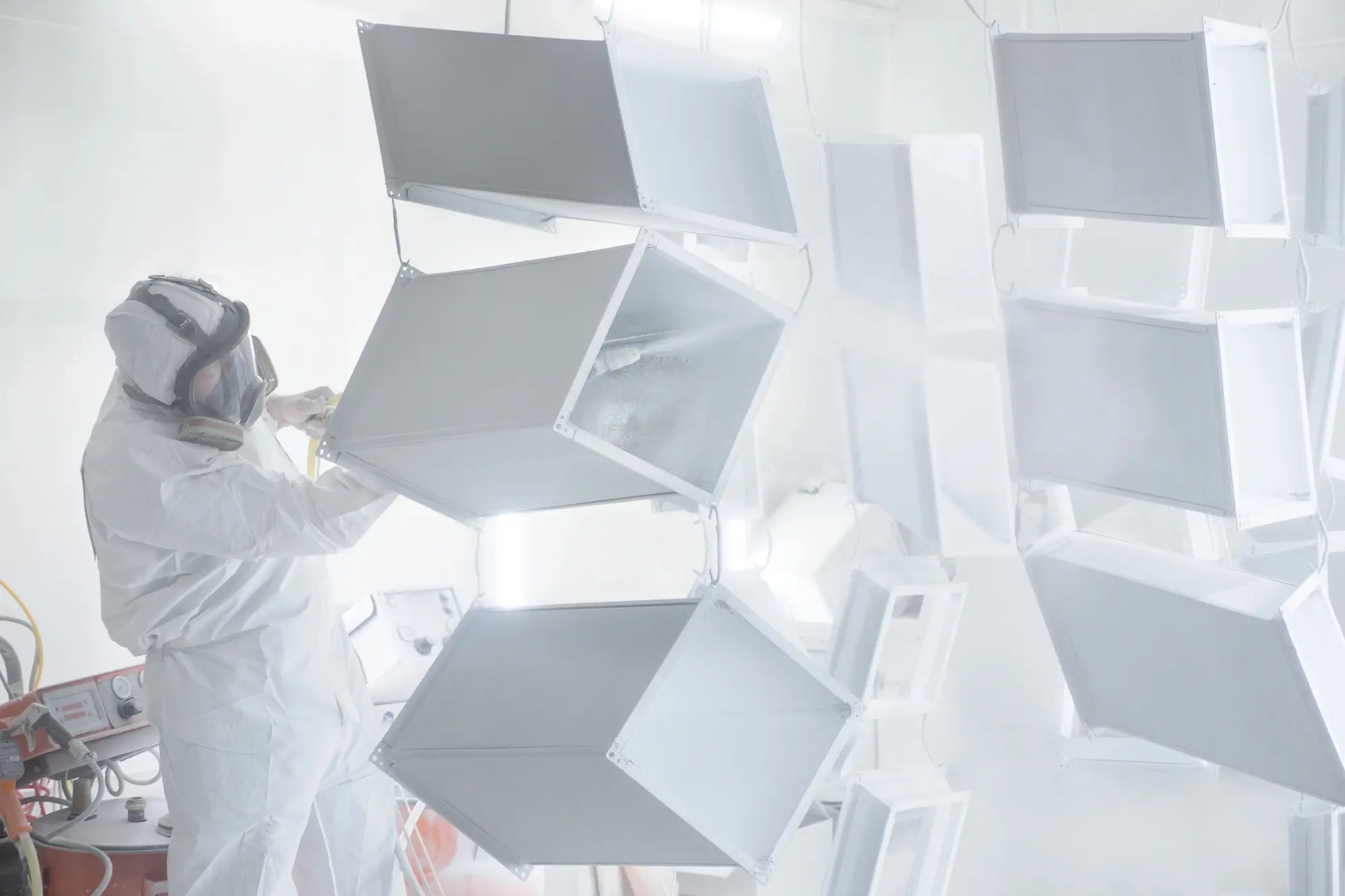Operator performing electrostatic powder coating of metal parts, ensuring even coverage.