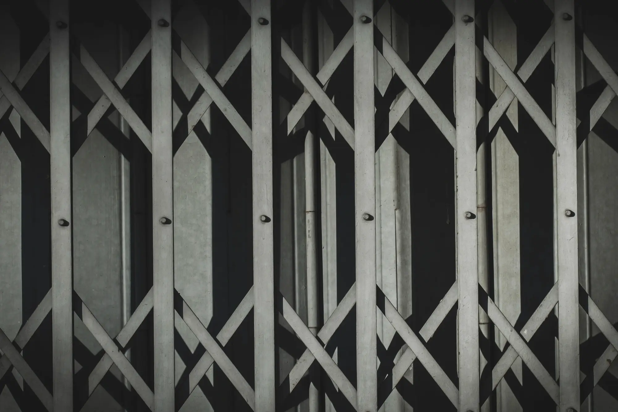 Powder-coated sliding metal gate and security grates in industrial style.
